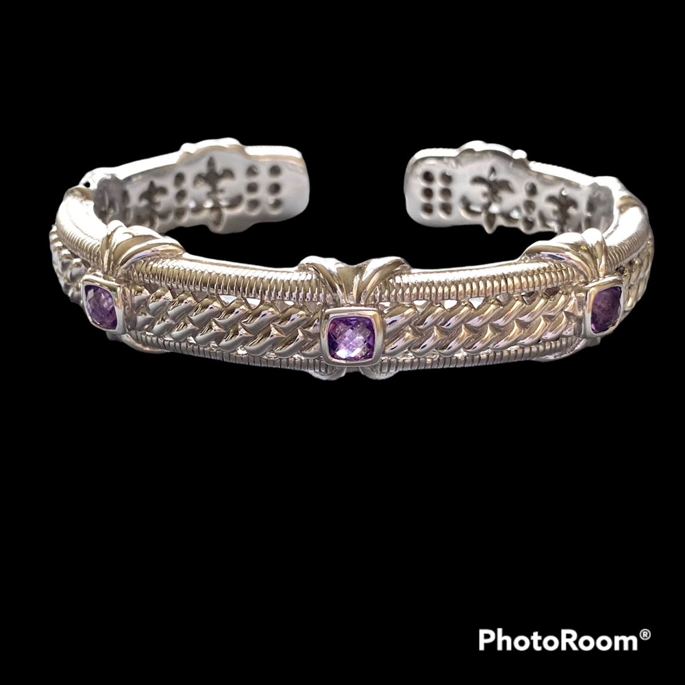 Judith Ripka sterling silver hinged cuff bracelet with amethyst